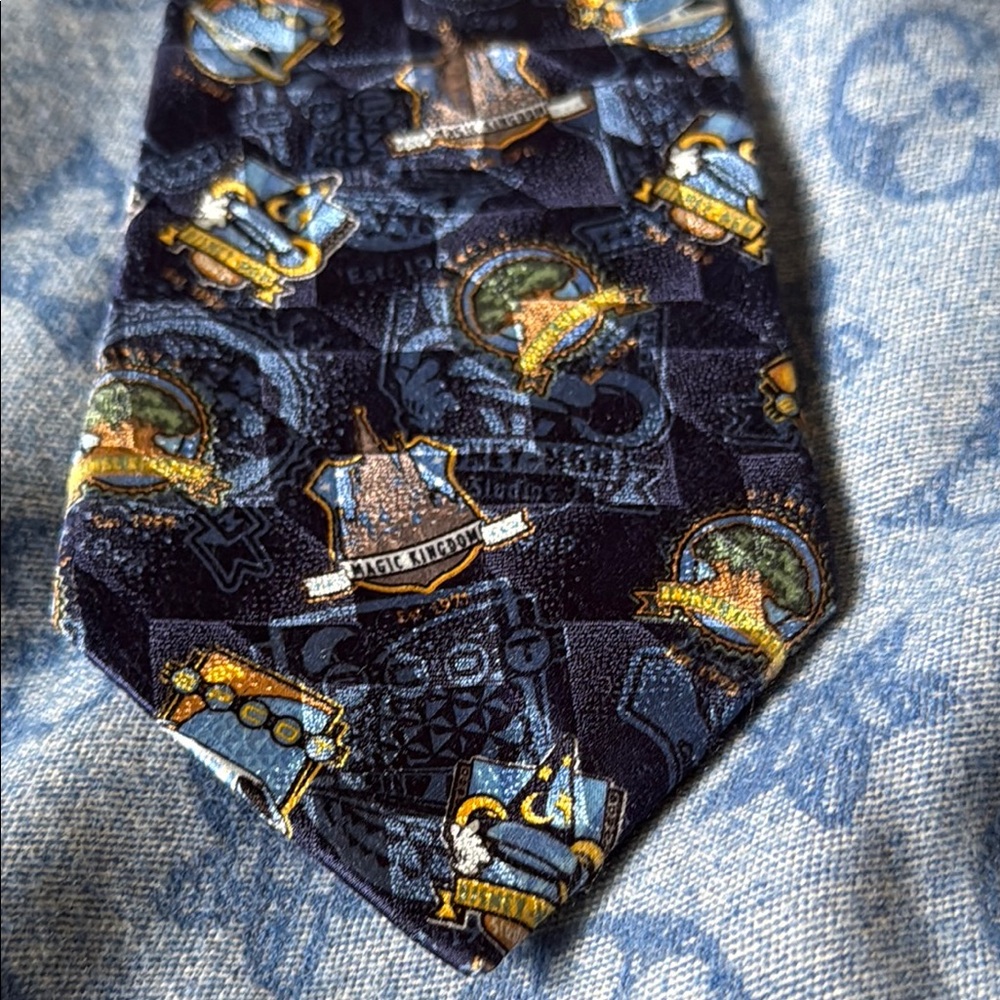 Disney Blue and Yellow 100% Silk Tie with Intricate Patterns EUC